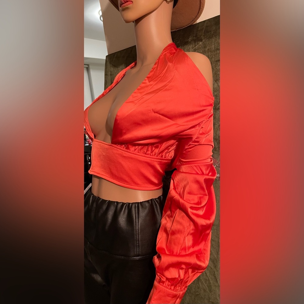Satin crop top with blousy sleeves. Orange two way worn top.